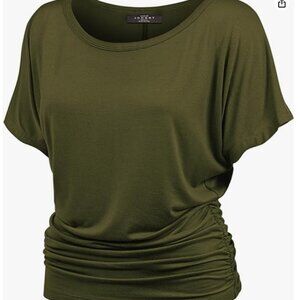 Women's Casual Solid Short Sleeve Boat Neck/V Neck Dolman Top T Shirt with Side